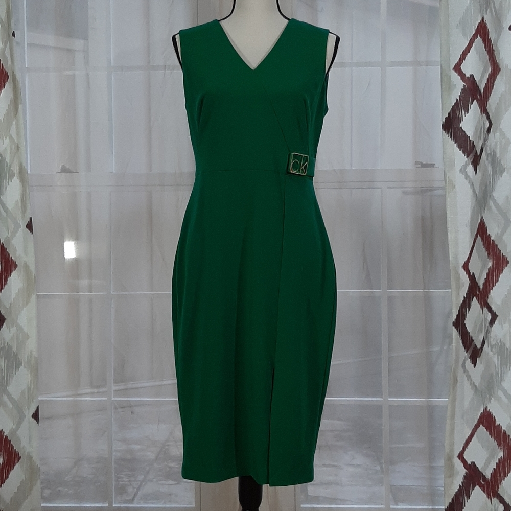 Calvin Klein Evergreen Stretch Crepe Slit Dress
